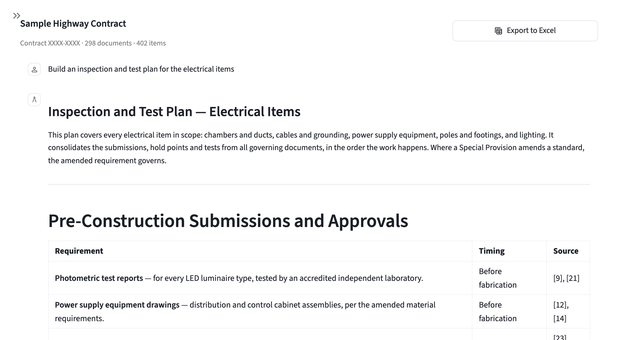 TolAI building an inspection and test plan: pre-construction submissions and approvals in a table, each with its timing and source.