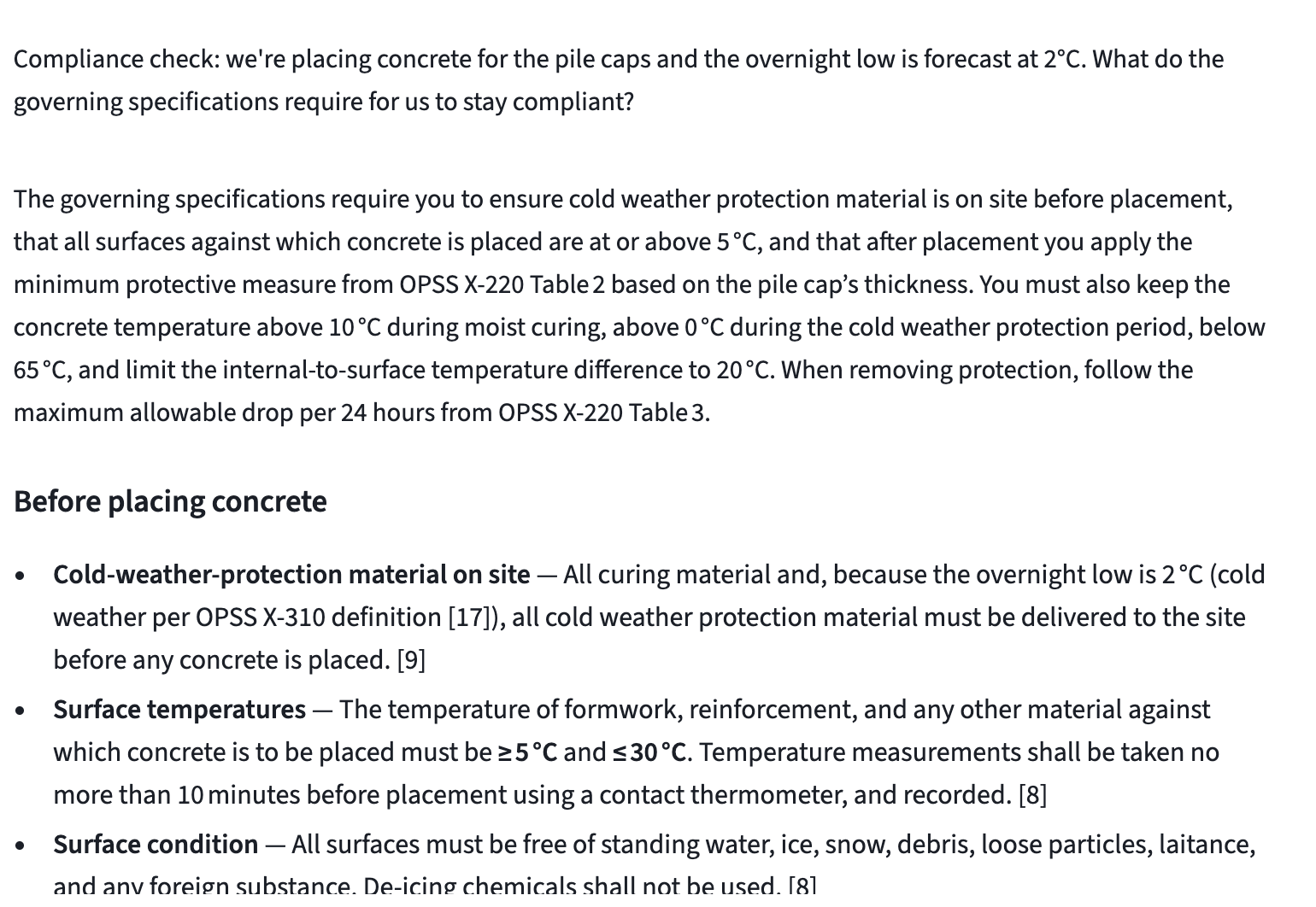 A compliance check for cold-weather concreting: what must be on site before placement and the temperature limits that apply, each cited to its specification.