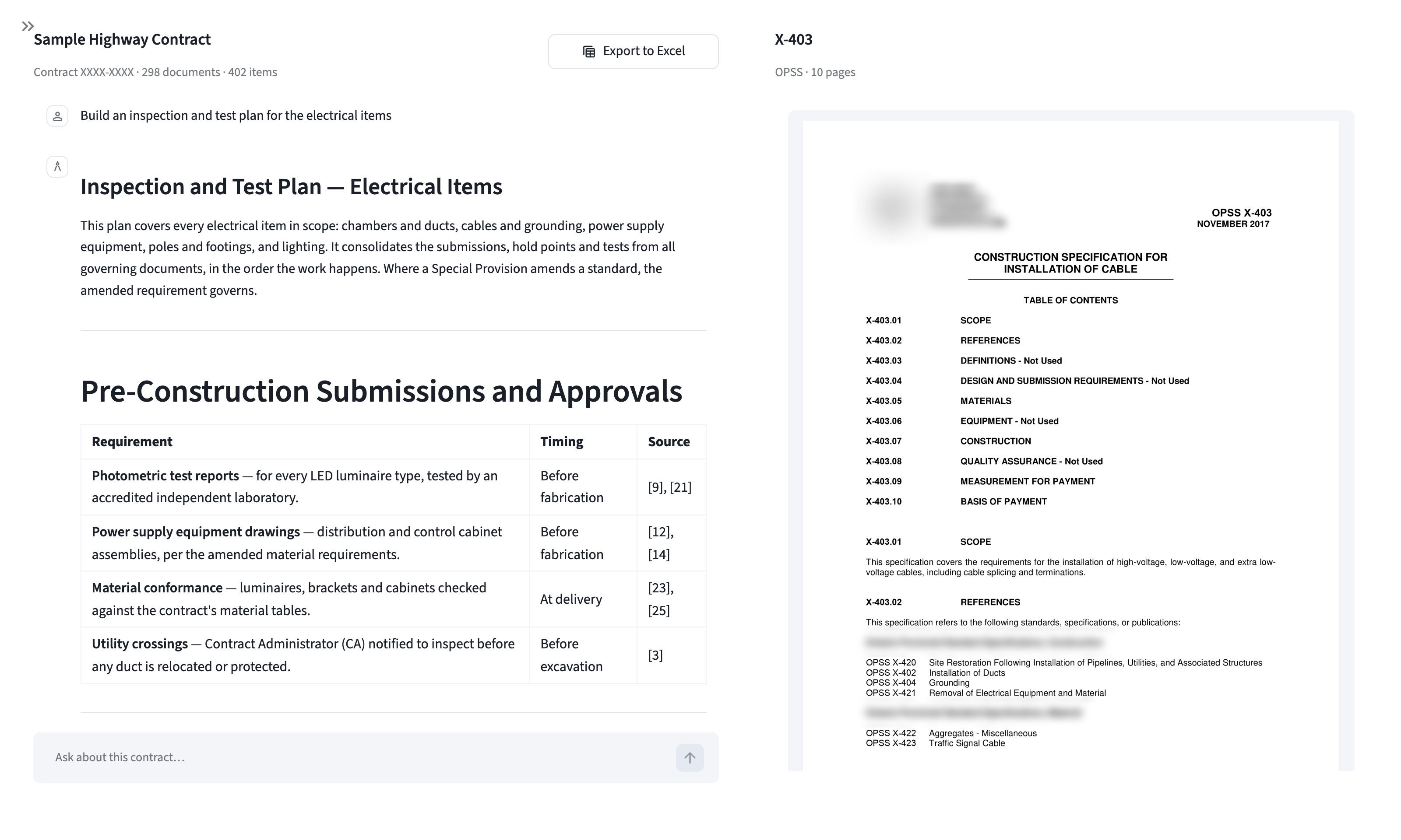 An inspection and test plan shown beside the OPSS specification it cites, open in the built-in document viewer.