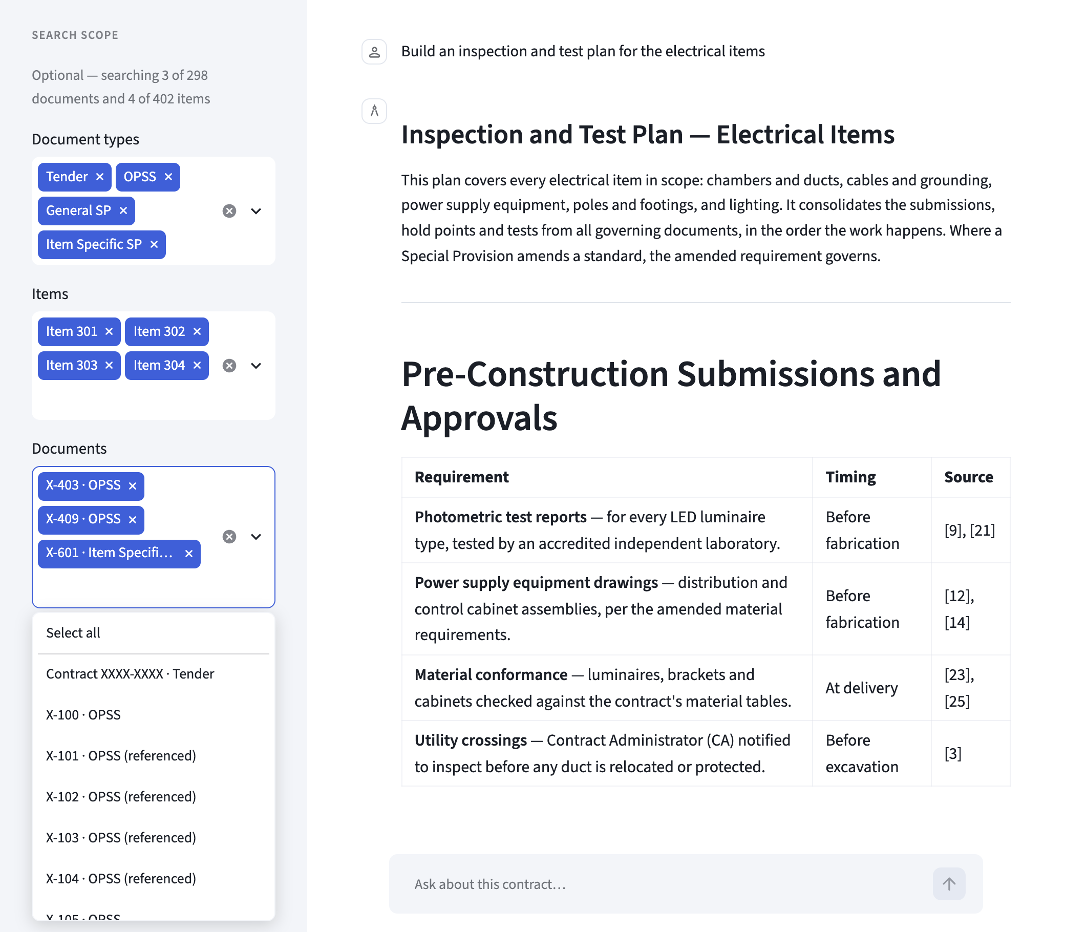 The search scope panel: document type, item and document filters with a few selections made, and the knowledge library's document list open beside an answer.